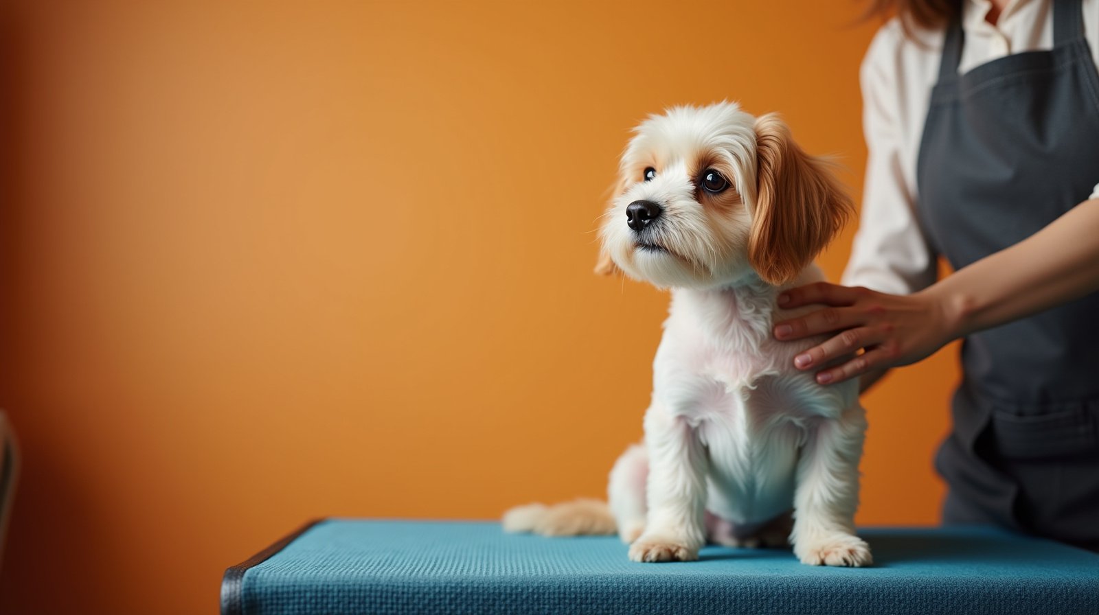 A groomer gently holding a happy small dog at Sun City Grooming