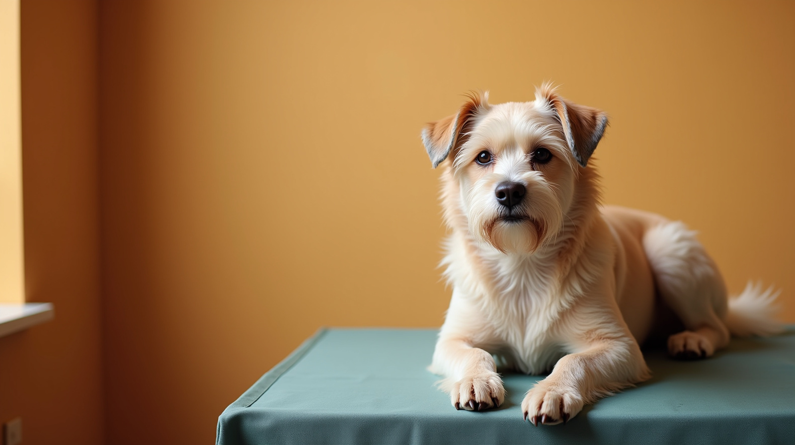 A calm, content senior dog at Sun City Grooming