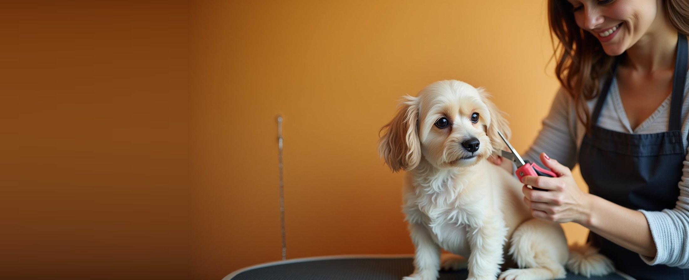 A female groomer trimming a small dog with grooming scissors at Sun City Grooming